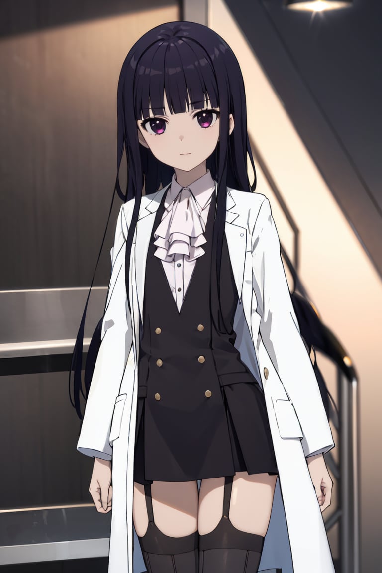 masterpiece, best quality, ultra-detailed, glistening shiny, glowing light, ray tracing, HDR, deph of field, (perfect face, detailed face),  <lora:ShirakiinRirichiyo:0.7>, ririchiyo, black hair, long hair, flat chest, school uniform, black dress, white shirt, ascot, white coat, garter straps, vertical-striped thighhighs, black thighhighs, standing