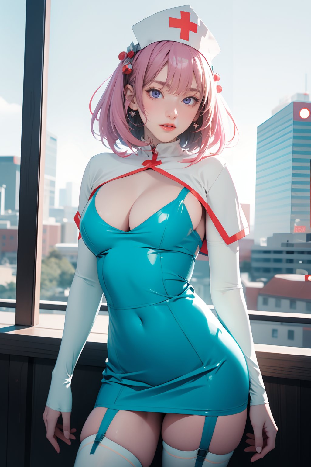 <lora:GoodHands-手beta2:1>,solo,1girl,outdoors,cityscape,standing,cowboy shot,<lora:0401 Cling To Latex_v1:1>,ruanyi0401,nurse cap,short dress,blue dress,garter straps,white thighhighs,cleavage cutout,capelet,, best quality,masterpiece,highres,official art,extremely detailed cg unity 8k wallpaper