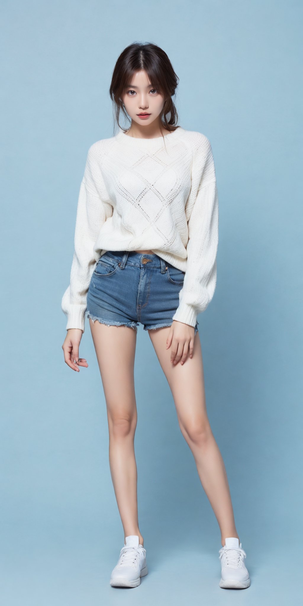 1girl,(standing:1.3),(denim_shorts:1.2),(blue background:1.3),(white sweater:1.2),white sneaker,long hair,