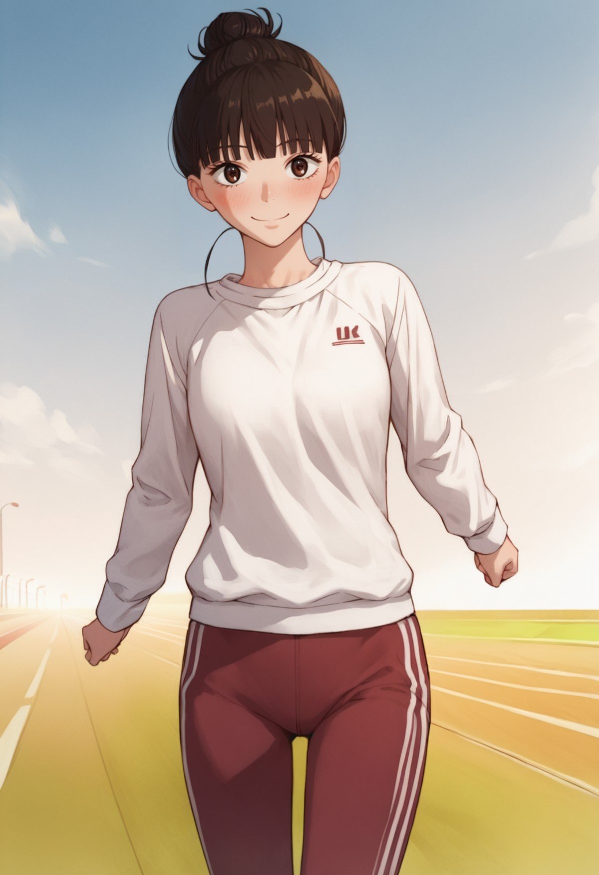 score_9, score_8_up, score_7_up, score_6_up, source_anime,rating_explecit,anime coloring, 1girl , solo, looking at viewer, cowboy shot,   <lora:KuronumaSawako:0.8> kuronuma sawako, hair bun, long sleeves, white shirt, track pants, running, outdoors, sky, 