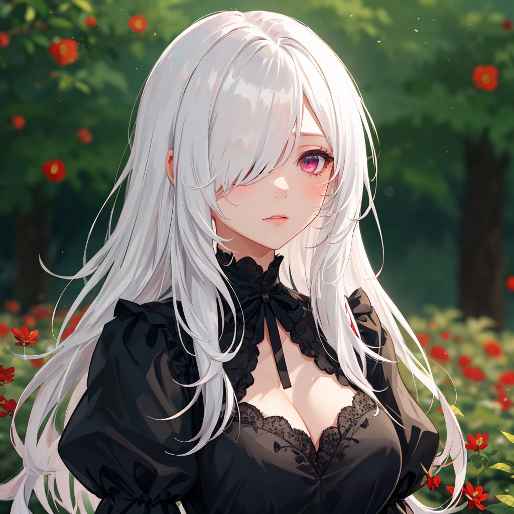 1girl, solo, detailed face, detailed eyes, reddish pink eyes, black dress with puffy sleeves, heart print, large firm breasts, (upper body), long hair, (white hair), wild and messy hair, sidelocks, (hair over one eye:1.3), abstract, flowers, flower, leaves, garden background, (blurry background, blurry foreground, depth of field, ambient lighting:1.3), somber lighting, somber moment