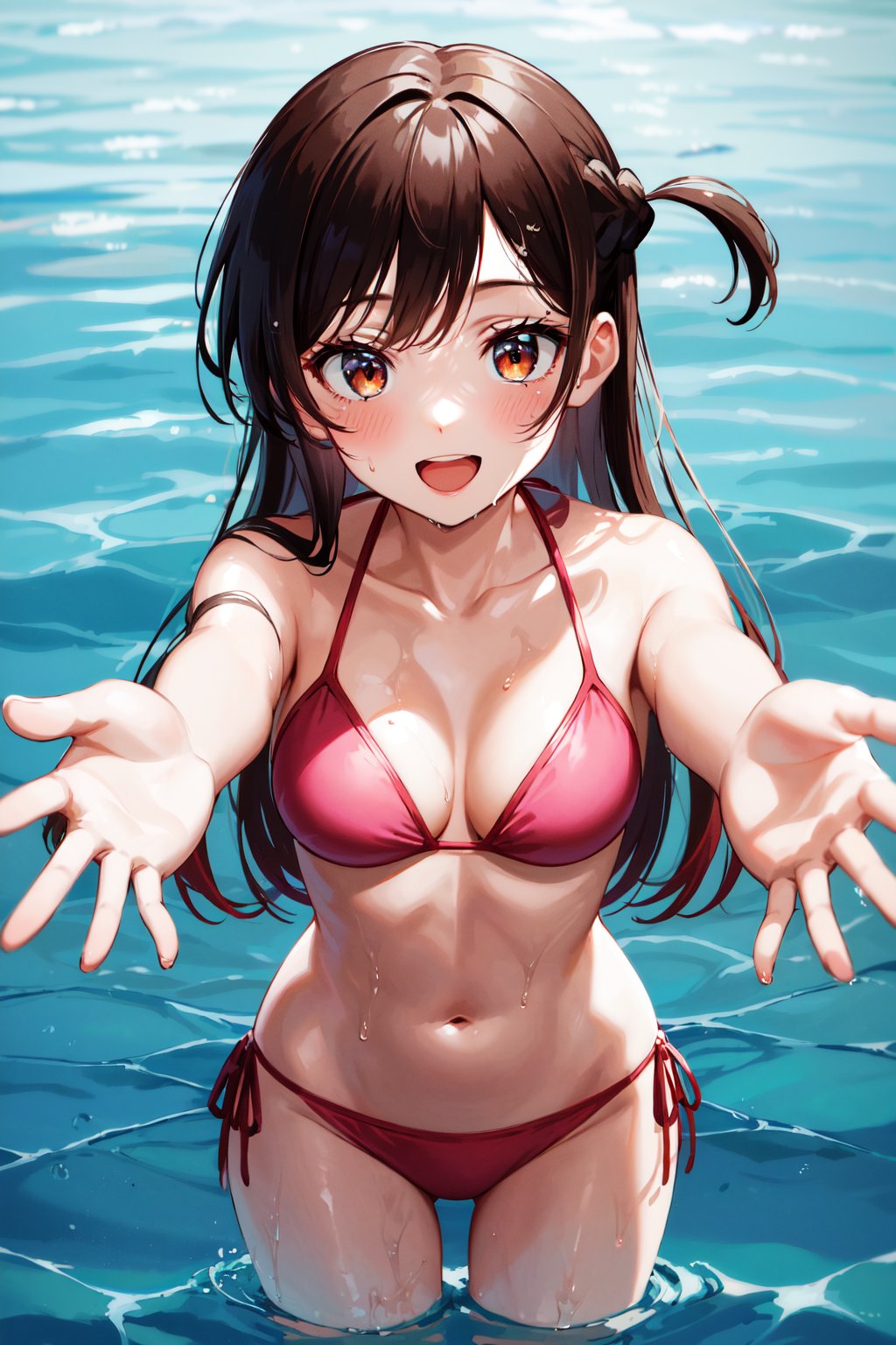 masterpiece, best quality, highres, aachizuru, long hair, one side up, collarbone, bare shoulders, pink bikini, side-tie bikini bottom, <lora:mizuhara_chizuru_v2:0.7>, partially submerged, wet, water, poolside, outstretched arms, reaching out, smile, open mouth, standing, cowboy shot, 