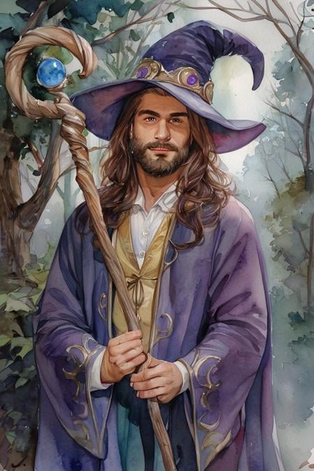 score_9, score_8_up, score_7_up, rating_safe, watercolor \(medium\), traditional media, realistic, 1boy, solo, male focus, mature male, wizard, long hair, brown hair, black eyes, looking at viewer, hat, facial hair, beard, mustache, staff, wizard hat, purple hat, shirt, collared shirt, robe, purple robe, cloak, holding, holding staff, upper body, standing, outdoors, forest, nature, tree, fog, dark background <lora:Watercolor Painting Style LoRA_Pony XL v6:0.7>