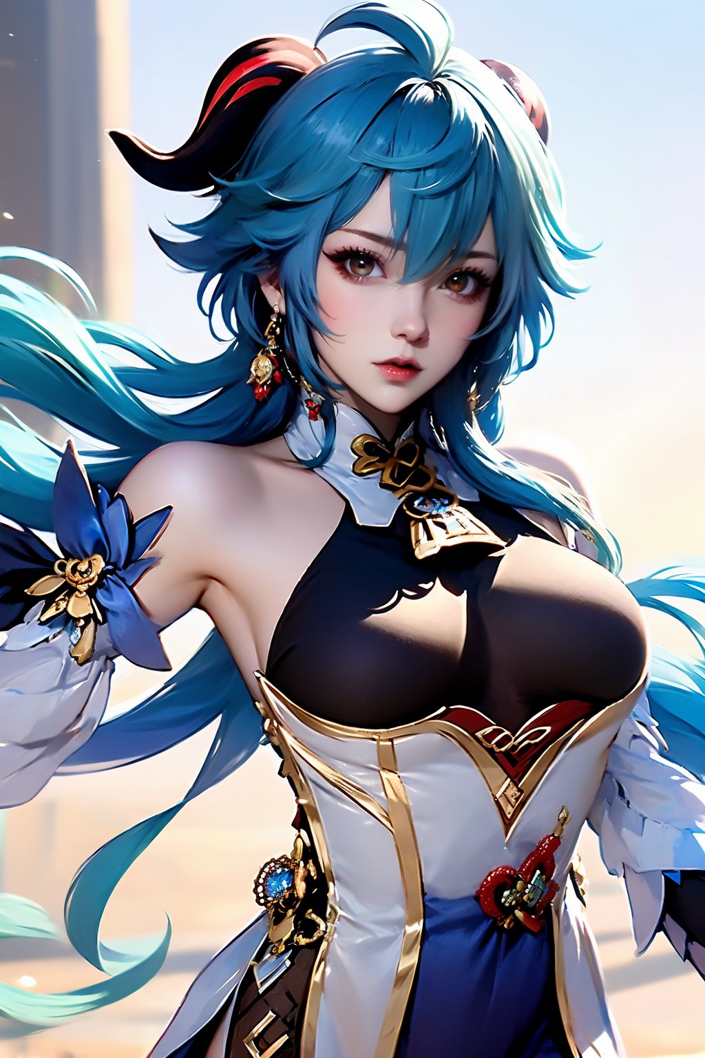 1girl, solo, ganyu \(genshin impact\), long hair, breasts, detached sleeves, blue hair, bell, horns, bare shoulders, gloves, vision \(genshin impact\), jewelry, earrings, looking at viewer, ahoge, black gloves, large breasts, bodystocking, parted lips, 