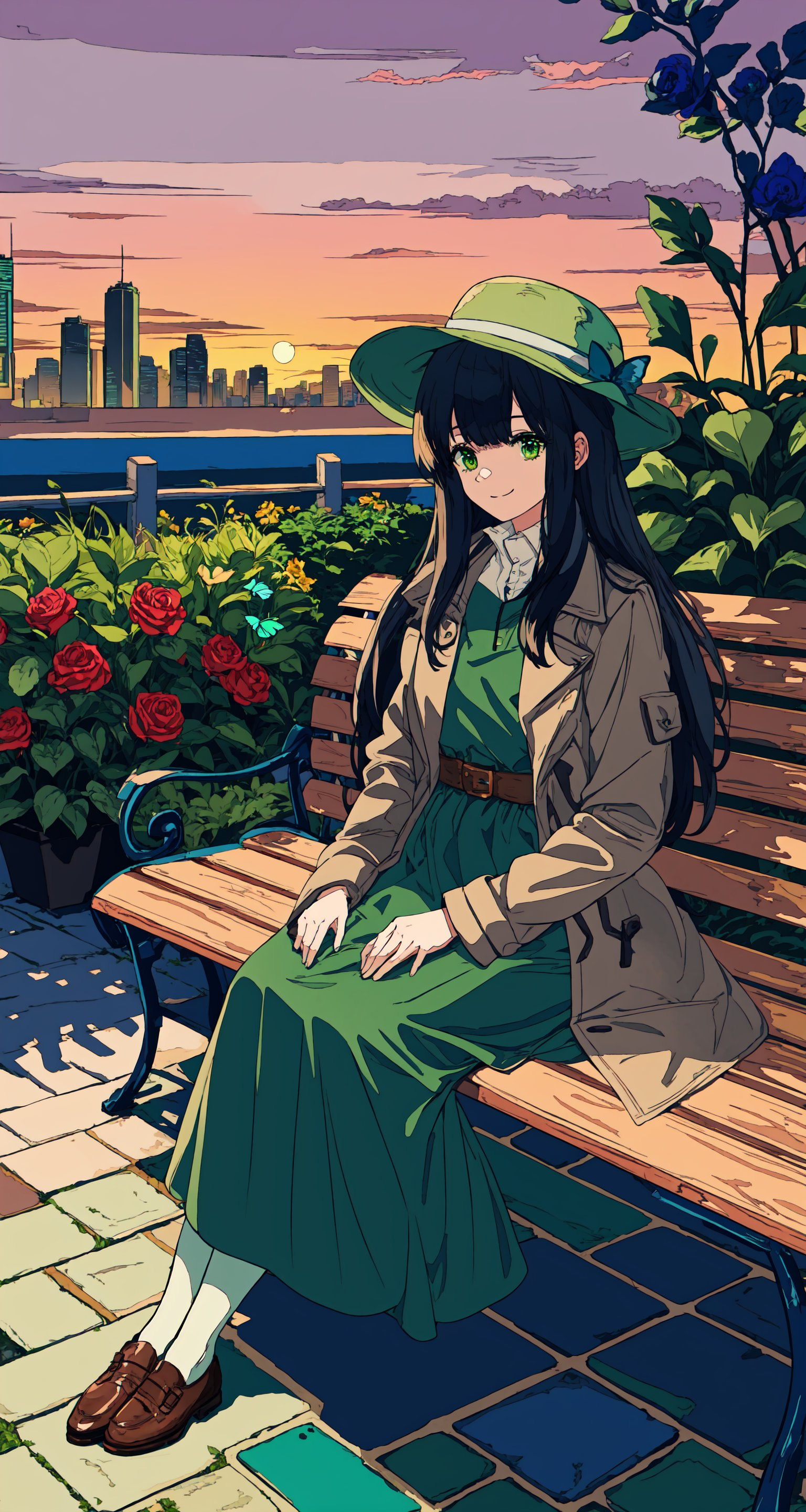 ((garden)), (bench), (light-green butterflies), (city skyline), (sunset), (rosy clouds), 1 young girl, cute girl, solo, close shot, slim, sitting, grace pose, gentle smile, white pantyhose, (long black hair), blunt bangs, green eyes, (khaki fedora), (khaki coat), (long light-green dress), light-green shoes,cozy anime,niji,cuteloli