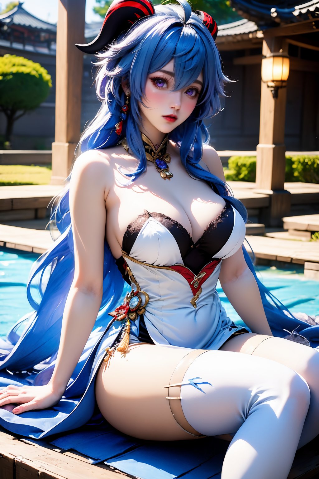 1girl, breasts, solo, long hair, ganyu \(genshin impact\), horns, blue hair, large breasts, looking at viewer, jewelry, dress, sitting, cleavage, bare shoulders, earrings, lips, red lips, ahoge, blurry, blurry background, patreon username, white dress, purple eyes, lantern, thighs, strapless, very long hair, artist name, goat horns, parted lips, night, hair between eyes, strapless dress, web address, gem, alternate costume, closed mouth, arm support, realistic, detached collar, architecture, blush, nose, outdoors, bare arms, petals, east asian architecture, sidelocks, falling petals, covered navel, thighhighs