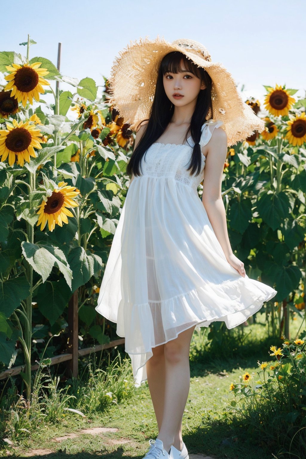 (RAW photo, 4k, realistic), masterpiece, best quality, official art, ultra-high resolution, original photo, 8k quality, super realistic, super realistic, extremely beautiful skin, 1 girl, solo, long hair, looking at the audience, bangs, black hair, hats, dresses, standing, whole body, flowers, outdoor, shoes, sleeveless, sky, dull bangs, white dress, lips, sleeveless dress, sunshine, white shoes, grass, plants, arms behind the back, sun hat, straw hat, sunflowers, headwear, sun, digital photos in real life, amazing beauty, amazing The details, full of stunning vitality and contrasting colors, photography (Hasselblad photography), (photography lighting), soft lighting, dynamic angles, vivid lighting, exquisite techniques, Harmonious composition, cowboy photography,