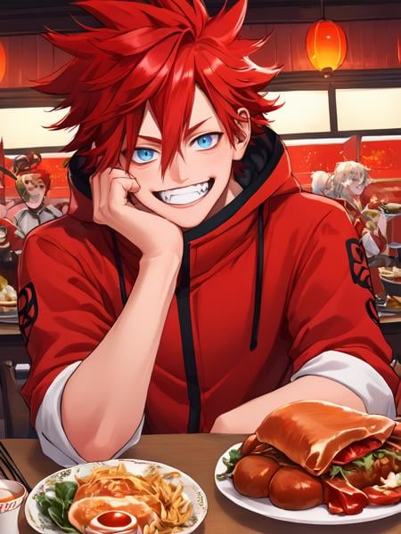 score_9, score_8_up, score_7_up, volumetric lighting, alma, a man sitting at a table with a plate of food, solo, looking at viewer, smile, short hair, blue eyes, 1boy, holding, hair between eyes, upper body, male focus, red hair, teeth, grin, hood down, spiked hair, red jacket, sleeves rolled up, chopsticks, meat, <lora:gokurakugai_pony_v1_mx:0.8>