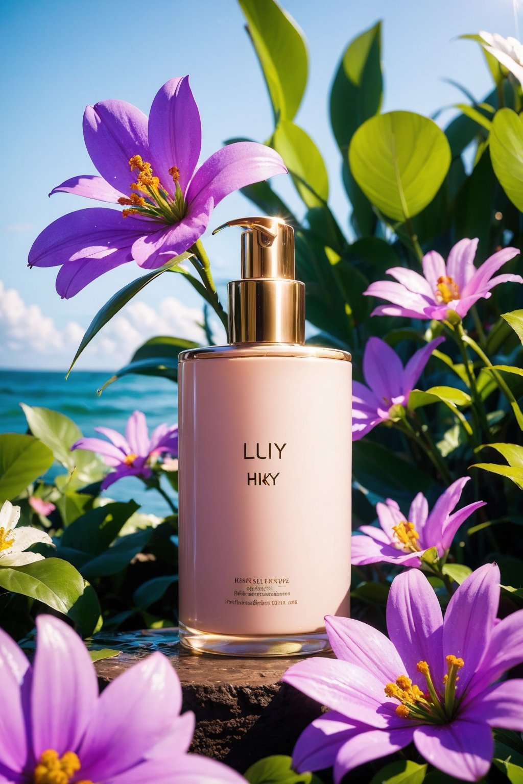 (photorealistic:1.4),(Realistic:1.2), no humans, flower, white flower, sky, blue sky, still life, water, cloud, day, outdoors, english text, bottle, scenery, reflection, ocean, purple flower, horizon, lily \(flower\), plant, leaf, glass bottle