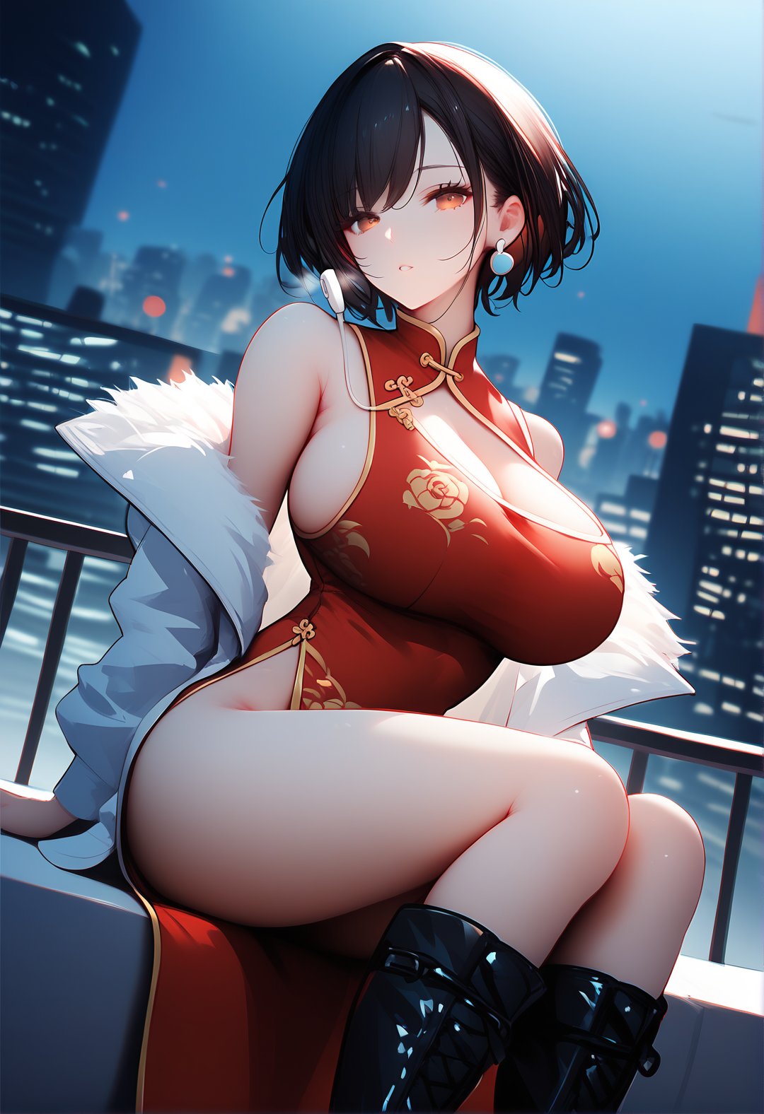 score_9, score_8_up, score_7_up, score_6_up, source_anime, <lora:YLI 0.1v:1>,1girl, solo, breasts, looking at viewer, blush, short hair, black hair, long sleeves, dress, bare shoulders, sitting, huge breasts, revealing clothes, brown eyes, jacket, outdoors, parted lips, boots, open clothes, sleeveless, black footwear, off shoulder, blurry, open jacket, from side, looking to the side, sleeveless dress, night, white jacket, chinese clothes, red dress, building, china dress, side slit, city, cityscape, earphones, print dress, city lights, angle,