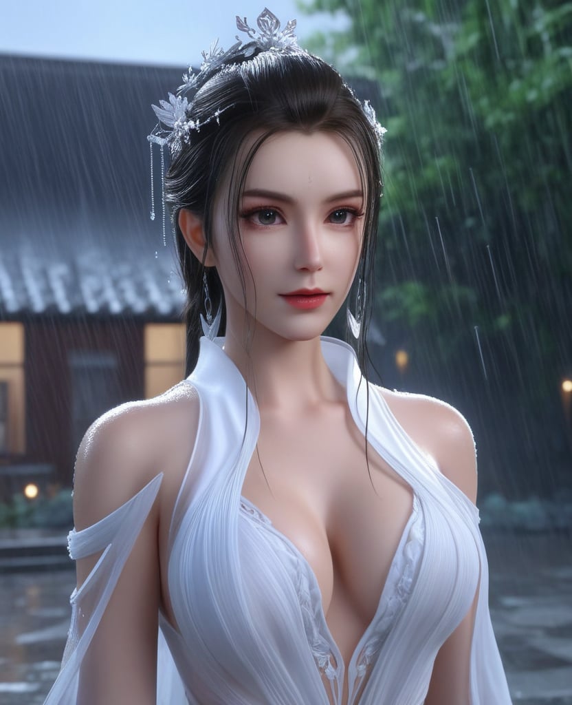 <lora:612-DA-XL-少年白马醉春风-玥瑶:0.8>(,1girl, ,best quality, ),looking at viewer,masterpiece, (( , )),,ultra realistic 8k cg, ,      ,building, bare_shoulders,cleavage cutout, eyelashes,magic,hydrokinesis,sweat, wet, rain, ,       (cleavage), (),