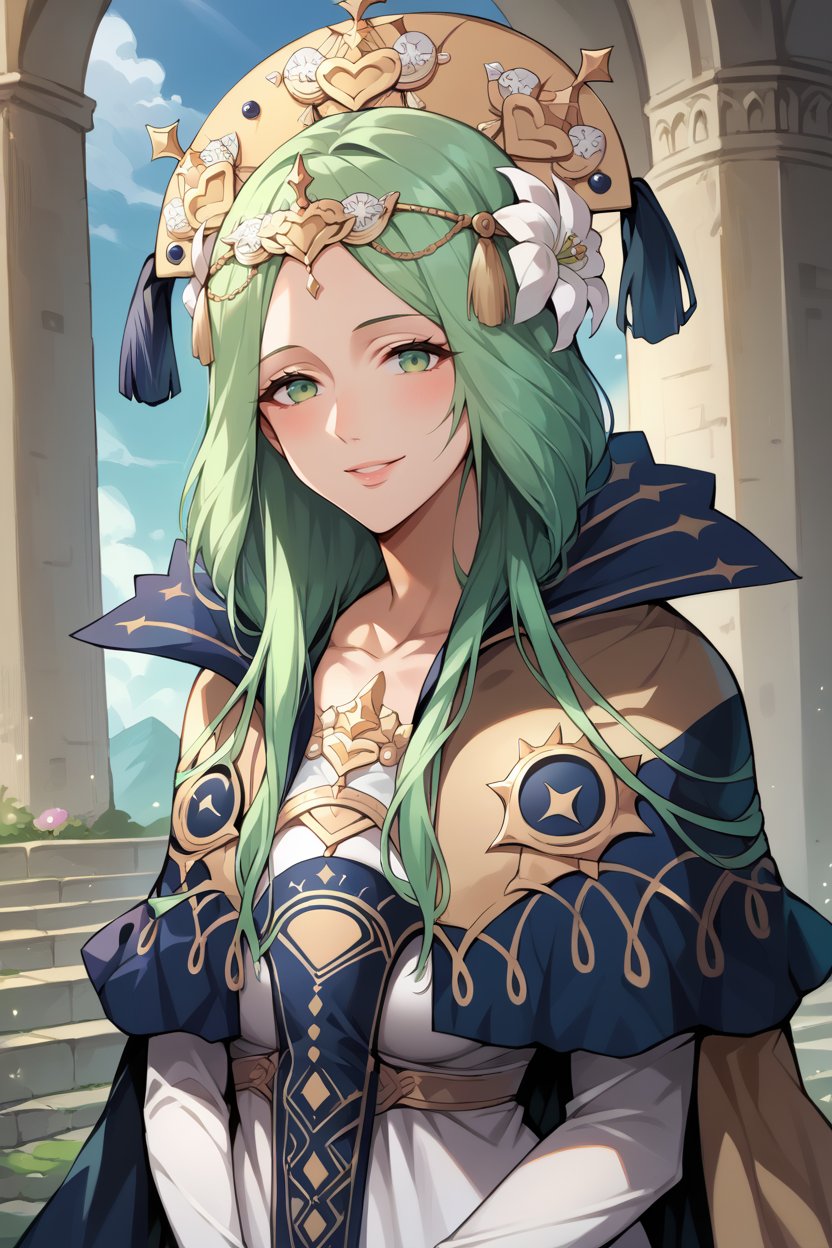 score_9, score_8_up, score_7_up, score_6_up, source_anime, BREAK 1girl, mature female <lora:rhea-pdxl-nvwls-v1-000006:1> defrhea, green hair, gold headdress, hair flower, blue cape, gold-trimmed cape, white dress, tabard, long dress, skintight clothes, white sleeves, serene smile, upper body, looking at viewer, cathedral, wide hips