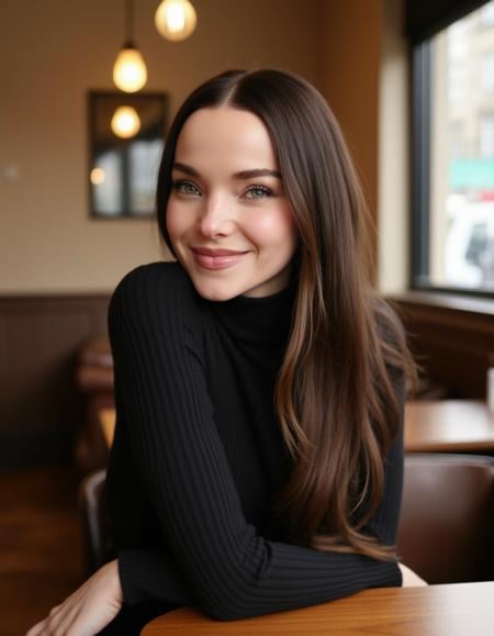 <lora:Dove_Cameron_Flux:1>  brunette, wearing a turtle neck dress sitting in a cafe looking at the viewer smiling