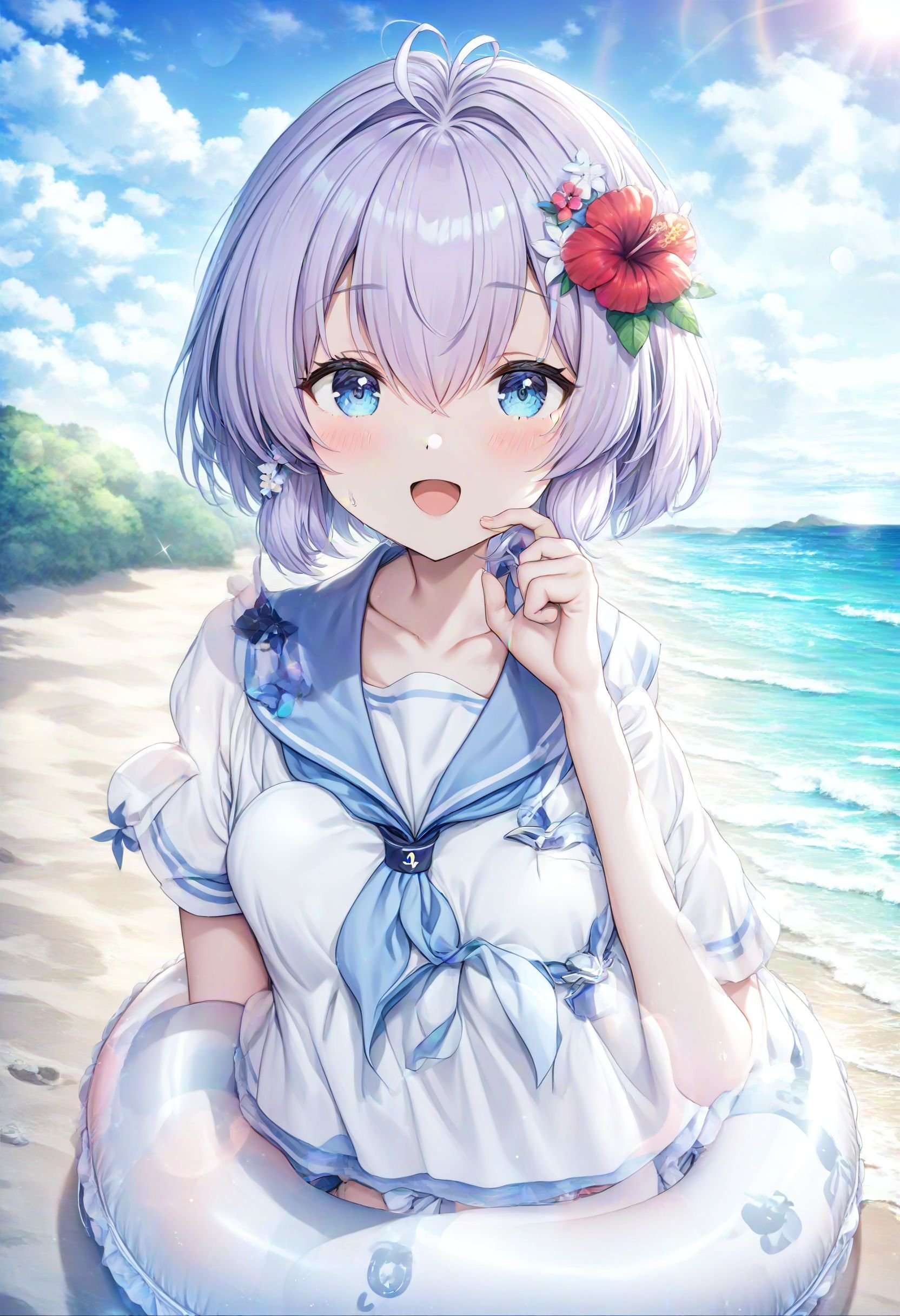 1girl, javelin \(beach picnic!\) \(azur lane\), azur lane,  anchor, hair ornament, looking at viewer, white shirt, solo, official alternate costume, water, blue sky, short hair, outdoors, swim ring, shirt, innertube, :d, cloud, open mouth, hair flower, short sleeves, blush, sky, smile, holding, day, flower, collarbone, ocean, beach, holding swim ring, ahoge, red flower, blue eyes, purple hair, blue sailor collar, sailor collar, horizon, upper body, hair between eyes, hand up, sidelocks, lens flare, sailor shirt, masterpiece, best quality, absurdres, safe