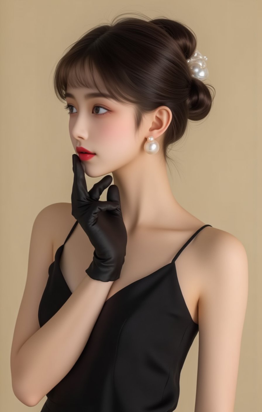 In an Asian photo,a young woman with straight hair and an elegant bun is wearing a sleeveless black dress,with soft side lights highlighting her silhouette. A neutral beige background with a ************* focus,she has a natural red lipstick. She wore pearl earrings with a side profile and elegantly placed black gloves on her chin,creating a granular cinematic texture. In her early twenties,her expression was calm and thoughtful,and her composition was steady and elegant.,<lora:女生 (3):1>