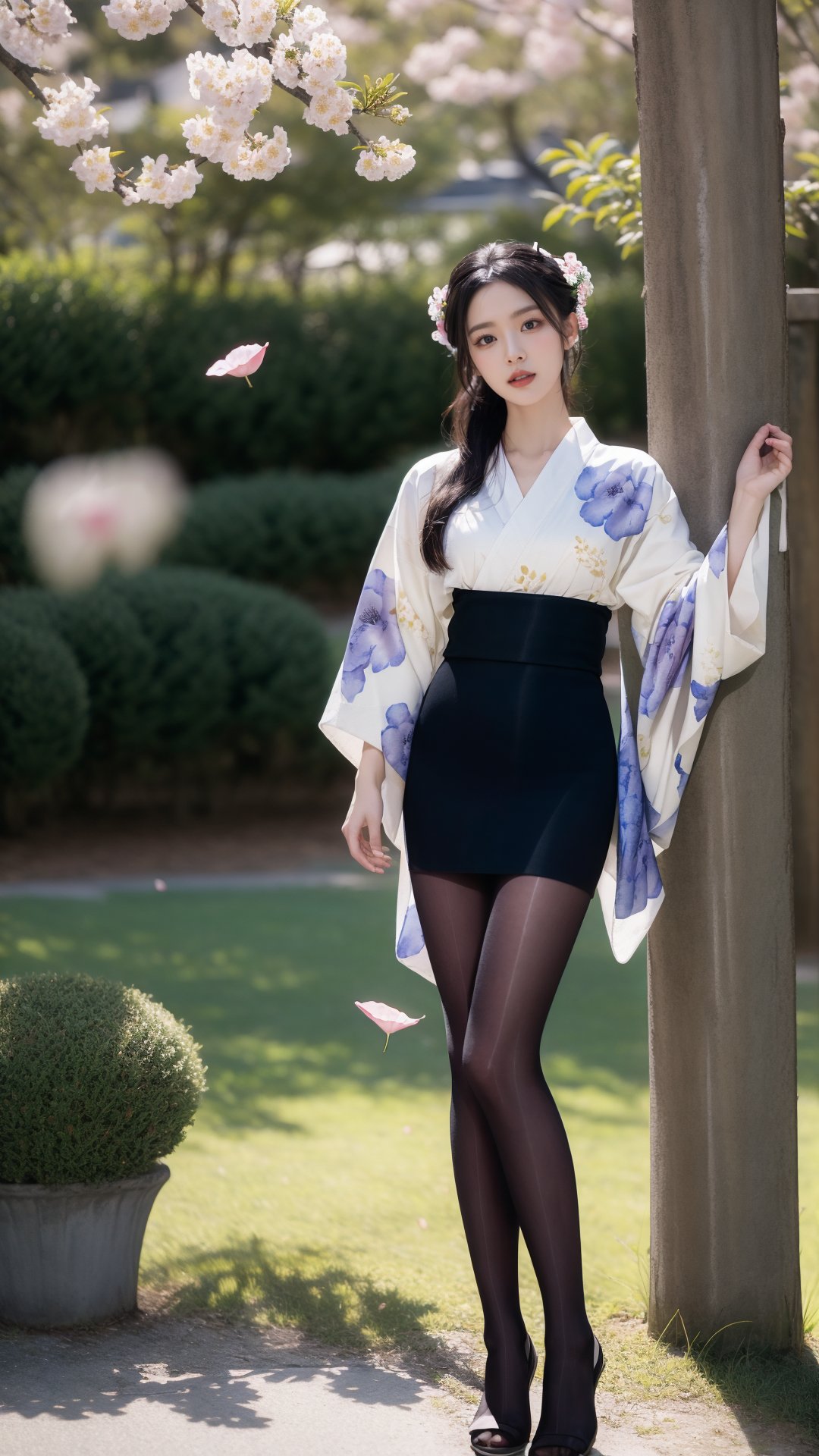 black_pantyhose,tutututu,(nsfw),1girl, (white kimono),(floral print), long sleeves, long hair, full body, sandals, standing, (cowboy shot),(masterpiece, high quality, best quality), (colorful),(delicate eyes and face), volumatic light, ray tracing, extremely detailed CG unity 8k wallpaper,solo, ((flying petal)), outdoors, house, japanese yard, pine tree, ((flowers)),<lora:tutuJG_00008:0.85>