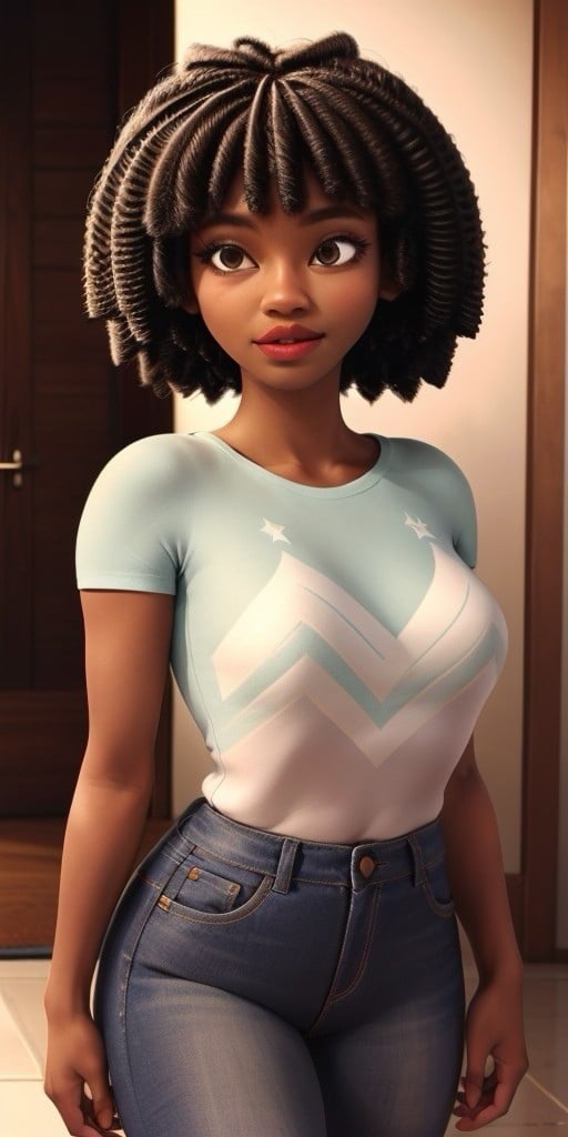 Hyperrealistic, photorealistic, super detailed, jeans, T-shirt, brown hair done in dreadlocks, expressive brown eyes, fifteen years old, body like in real life, large pores, (slender), dark-skin, beautiful arms, very little breasts, thin legs, unreal engine, octane render, droped shadow, bokeh, cinematic lighting, <lora:add_detail:0.5>, <lora:Volumetric_lighting:0.6>, Brown hair done in dreadlocks, Brown eyes, Dark-skinned, Aeon, , <lora:fa9a7bed-1e27-409e-864e-c3eea78a0602:0.7>