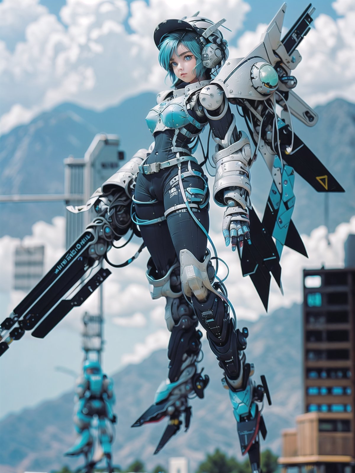 ((8-13yo)), (masterpiece),  science fiction,  scenery,  1girl,  short hair,  bangs,  aqua hair color,  light blue eyes, mecha headgear,  sci-fi bodysuits, ((Mecha girl:1.2)), ((Mecha equipment)), (Holding a 1000mm caliber sniper rifle), ((((Girl bends her knees and stands on top of mecha equipment robot)))), ((Girl and robot running)), ((The girl prepares to take aim)), (non-humanoid robot), non-humanoid robot, high_school_girl, RRS, MRS, robot, roblit, mechanical arms, <lora:EMS-47767-EMS:1.000000>, , <lora:EMS-44426-EMS:0.500000>, , <lora:EMS-44435-EMS:1.000000>