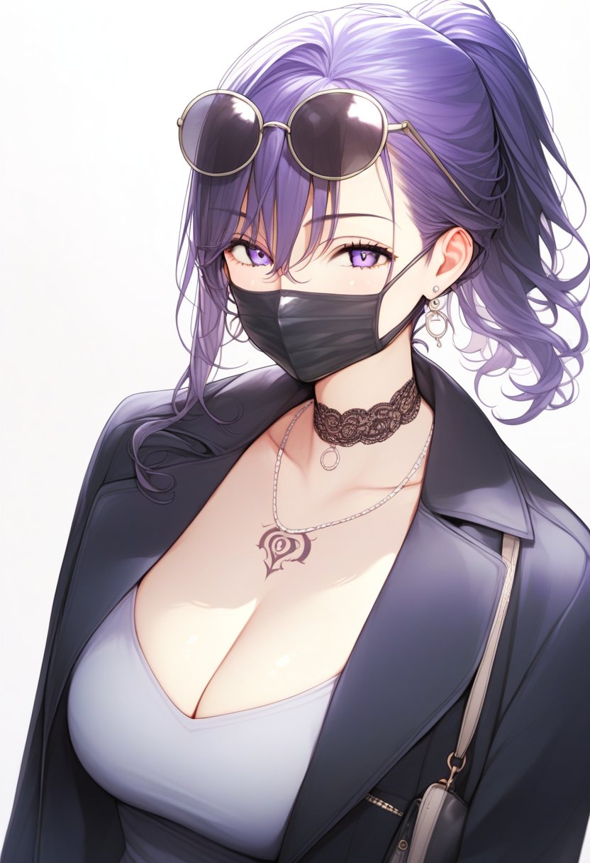 score_9, score_8_up, score_7_up, score_6_up, source_anime,<lora:DJC 0.1v:1>, DJC,black face mask, 1girl, breasts, round sunglasses, cleavage, eyewear on head, mask, large breasts, jewelry, solo, mouth mask, looking at viewer, dress, necklace, white background, tattoo, purple hair, bag, jacket, bangs, earrings, handbag, open clothes, choker, ponytail, black jacket, open jacket, long hair, coat, collarbone, black mask, black coat, hair between eyes, grey dress, purple eyes, punk, chest tattoo, tattoo on one side of breast,