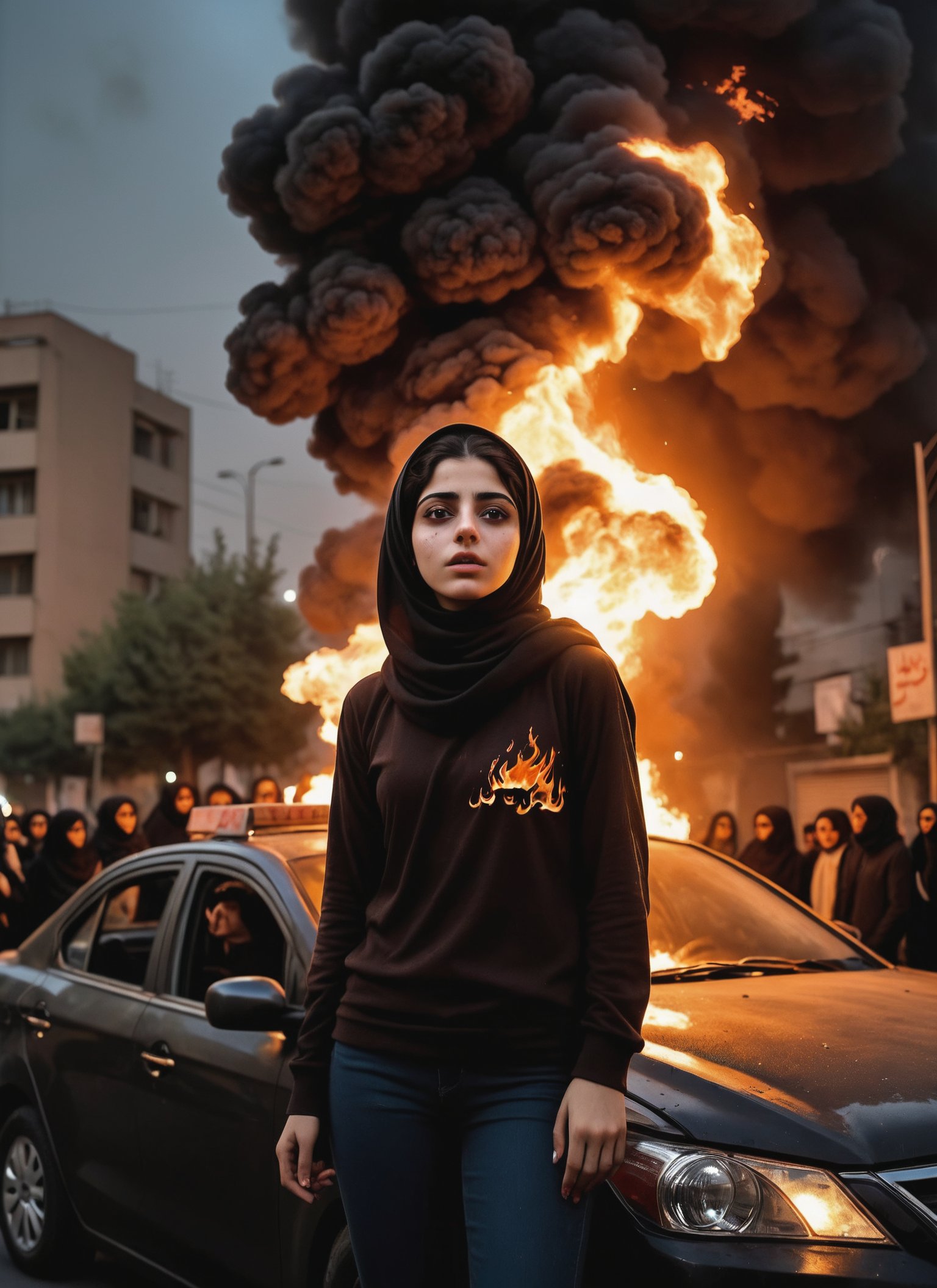 dark aesthetic photo, an Iranian girl amidst a chaotic street protest in Tehran, The scene is filled with tension and unrest, as flames from fire flares illuminate the night sky in the background. Standing boldly on the roof of a car.