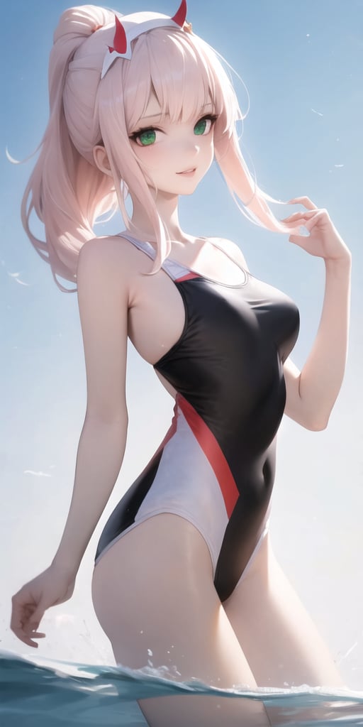 1girl,solo,long hair,looking at viewer,smile,bangs,blonde hair,green eyes,standing,swimsuit,pink hair,hairband,outdoors,horns,sky,day,water,lips,one-piece swimsuit,cosplay,ocean,crossed arms,wading,realistic,white one-piece swimsuit,red horns,photo background,zero two \(darling in the franxx\),