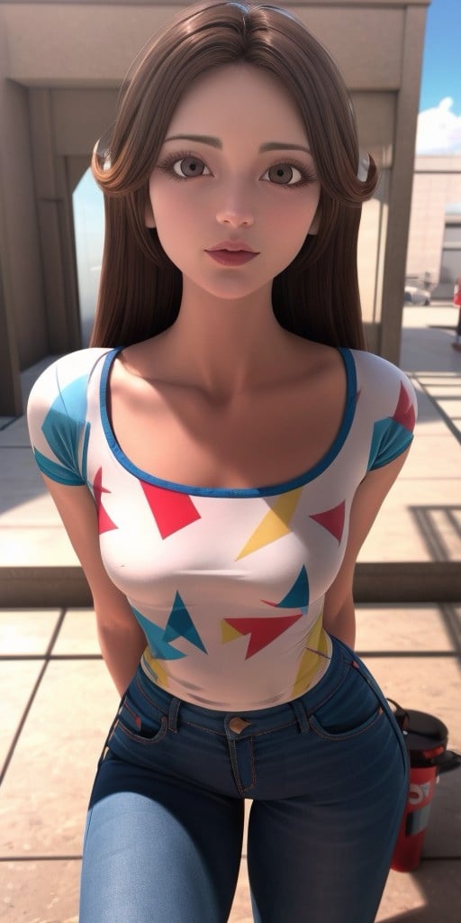 Hyperrealistic, photorealistic, super detailed, colored T-shirt, purple jeans, waist-length wavy brown hair that is split on both sides, brilliant amaranth lipstick, brown eyes, body like in real life, large pores, fair-skinned, beautiful arms, little breasts, unreal engine, octane render, droped shadow, bokeh, cinematic lighting, <lora:add_detail:0.5>, <lora:Volumetric_lighting:0.6>,, <lora:e4743ff2-7ed6-4728-b033-3bc83cb997a4:0.7>