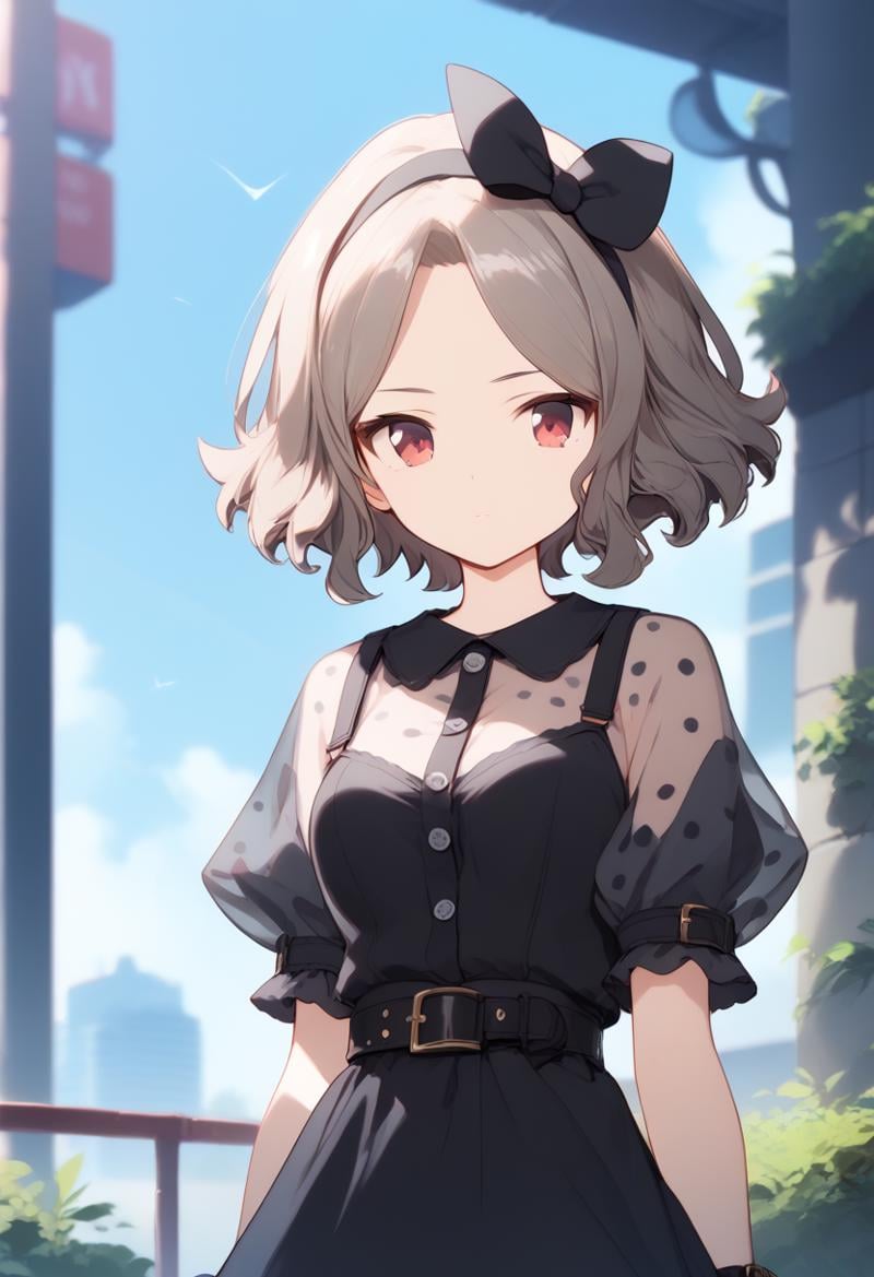 (score_9,score_8_up,score_7_up, ),<lora:GBC_TOMO:1>,GBC_TOMO,1girl,solo,red eyes,short hair,wavy hair,brown hair,short sleeves,puffy sleeves,polka dot short sleeve,black skirt,see-through sleeves,gray hairband,gray hair bow,black watch,bow hairband,wristwatch,belt,buckle,buttons,outdoors,looking at viewer,closed mouth,upper body,building,expressionless,blurry background,bush,tree,window,standing,day,arms at sides,depth of field,shiny hair,black dress,medium breasts,