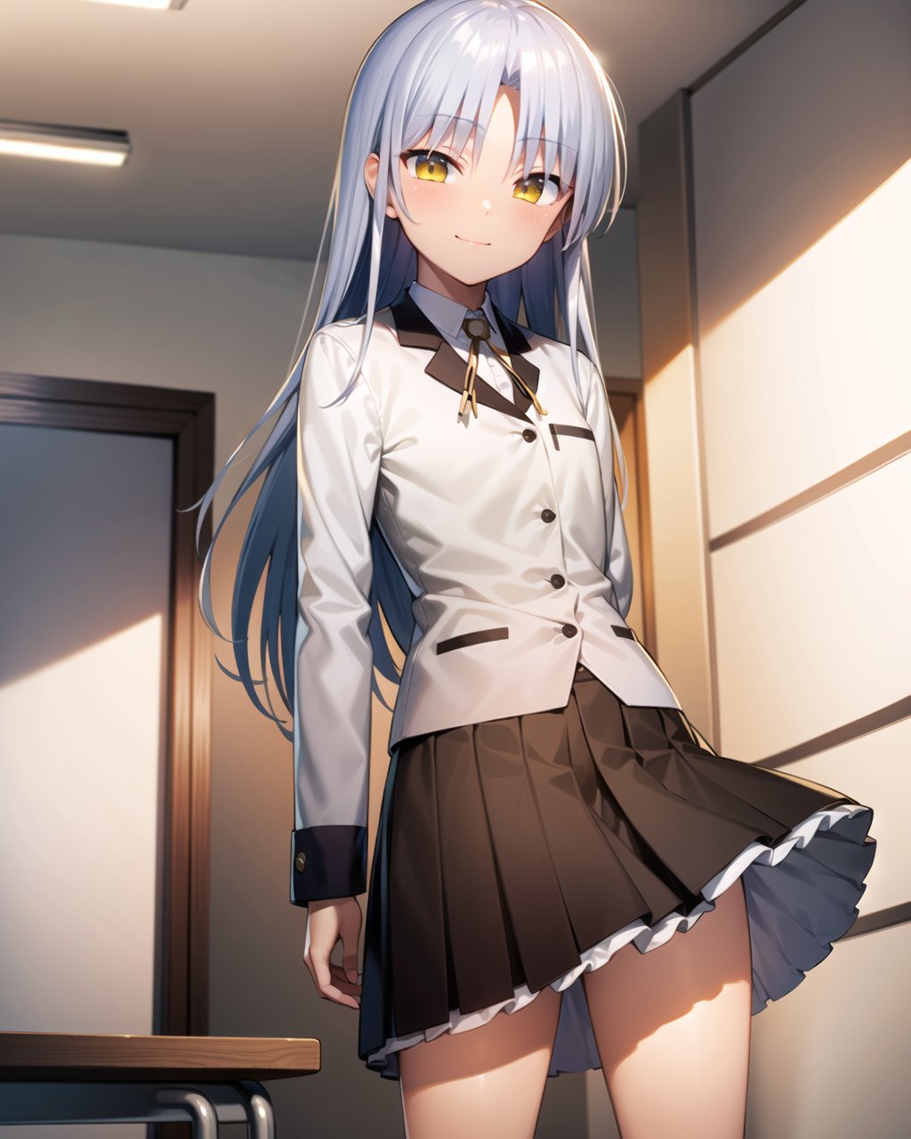 ((masterpiece)), ((best quality)), ((highres)), ((extremely detailed CG unity 8k wallpaper)), solo, <lora:tachibana kanade:1>, tachibana kanade, black skirt, white socks, small smile, classroom