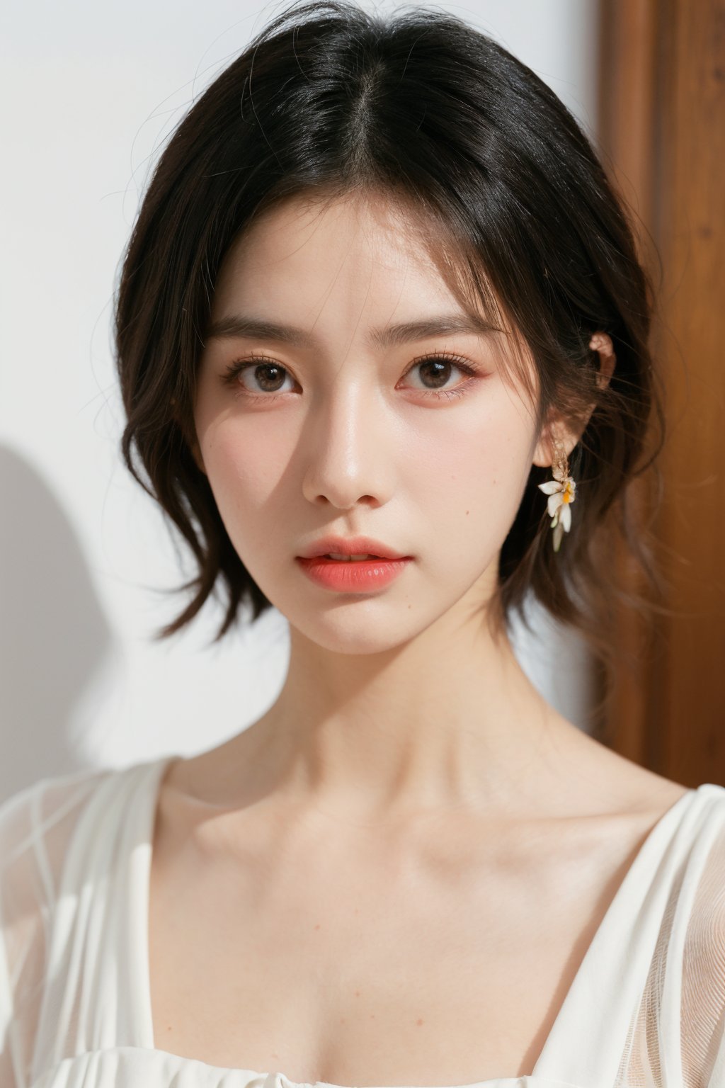 1girl,solo,black hair,short hair,jewelry,realistic,earrings,hair ornament,black eyes,lips,collarbone,flower,watermark,upper body,portrait,hair flower,dress,close_mouth,