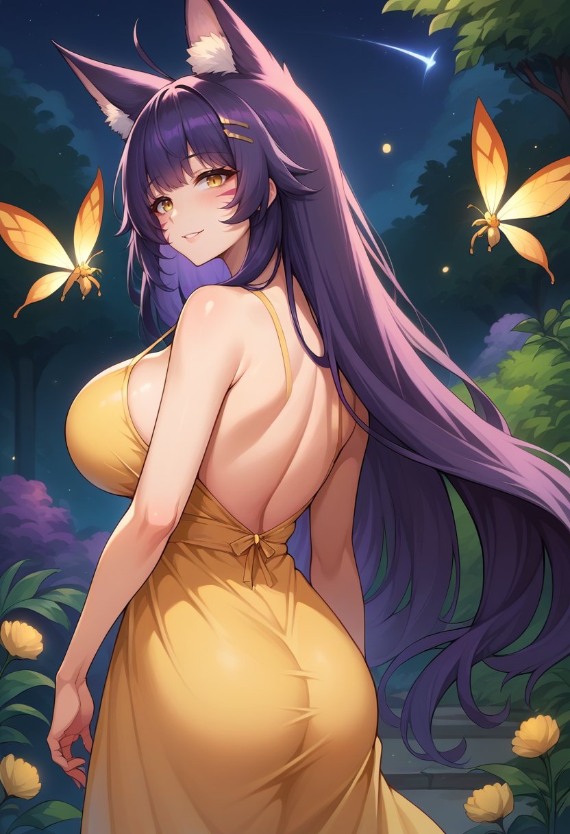 score_9,score_8_up,score_7_up BREAK 1girl,jelomusashirq,solo,from behind,night,garden,fireflies,large breasts,purple hair,hairclip,yellow eyes,animal ears,facial mark,yellow sundress,looking back,seductive smile,<lora:MusashiRQ-JeloXL-000008:1>,