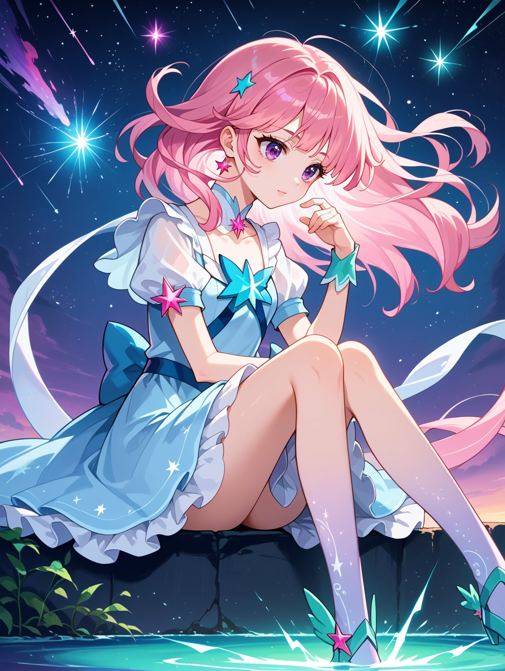 score_9, score_8_up, score_7_up,source_anime,magical girl, sitting with legs dangling over edge, relaxed expression, long pink hair with silver strands, light blue dress with intricate designs, radiant energy, twilight sky, starry sky with shooting stars, soft moonlight, perfect body proportions,  vibrant colors