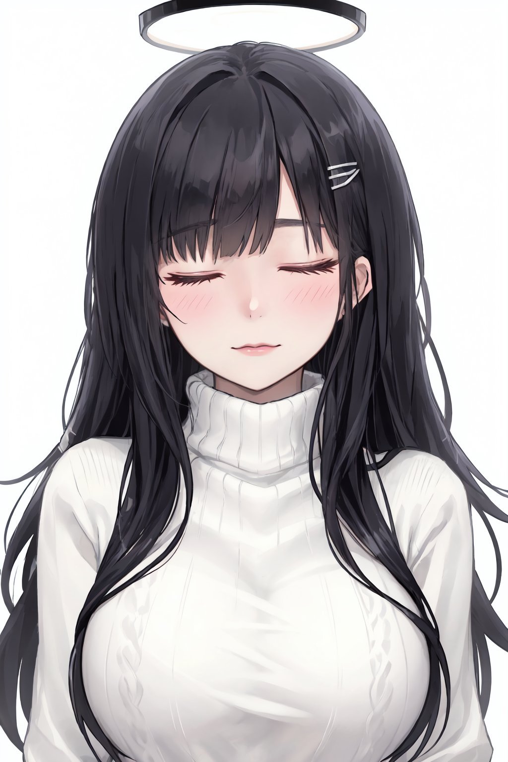 1girl, halo, solo, black hair, sweater, long hair, closed eyes, blush, white background, simple background, turtleneck sweater, turtleneck, bangs, hair ornament, hairclip, upper body, hair tucking, ribbed sweater, grey sweater, breasts, closed mouth, white sweater, long sleeves, large breasts, facing viewer, blunt bangs