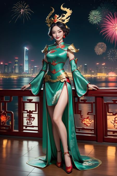 1girl,solo, beautiful adult woman, high detail, best quality, high quality,  <lora:DragonArmor-66:0.8>, dr4g0n, god rays,wide angle shot,  pauldrons,  greaves, full body, cheongsam, qi pao, headdress, bishop sleeves, Bustling Shanghai skyline at night, fireworks illuminating the sky, excitement and optimism for the Spring Festival, vivid colors, high definition.