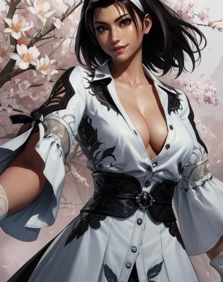 junkazama,black hair,medium hair,brown eyes,hairband,white top,wide sleeves,short sleeves,skirt,white gloves,black pants,skirt, cleavage,   smile,morning,spring,(insanely detailed, masterpiece, best quality),solo,<lora:JunKazamaT8:0.8>,