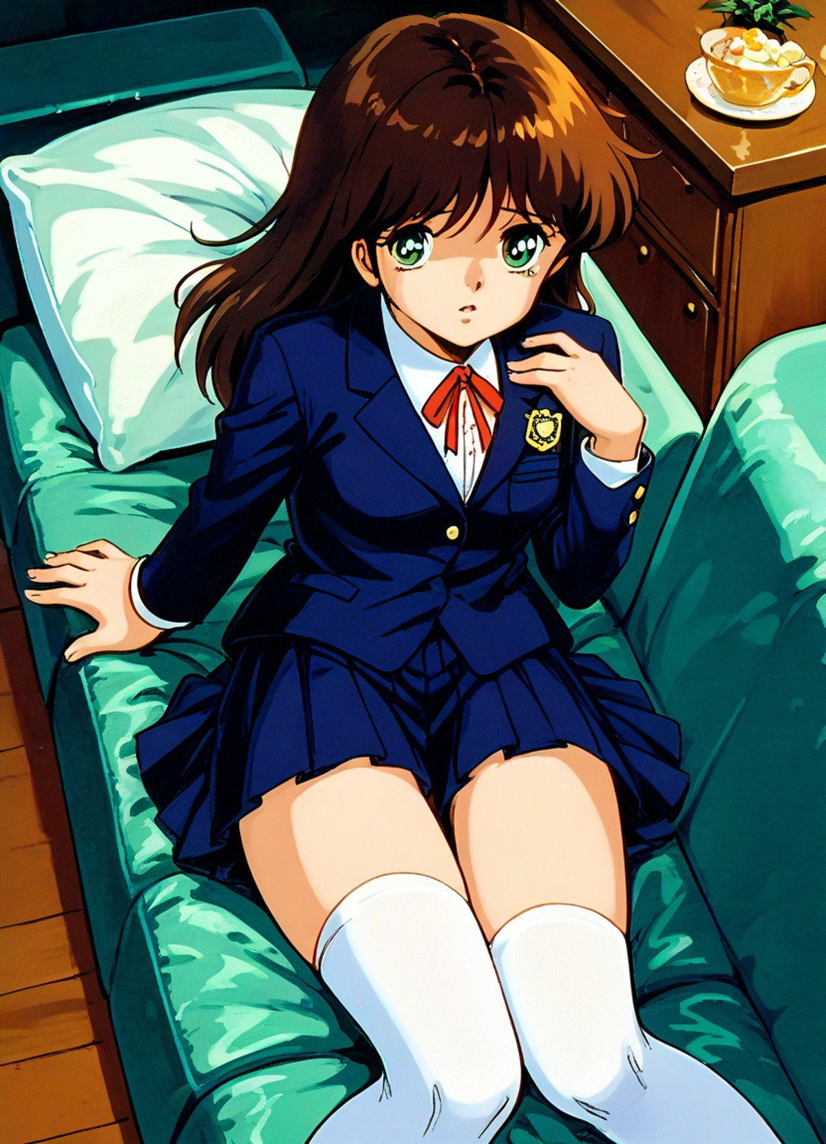 score_9, score_8_up, score_7_up, masterpiece, best quality, very aesthetic, absurdres, official art, official style, anime screencap, megami magazine, zPDXL2, zPDXLxxx, rating_safe, sfw, 1980s \(style\), retro artstyle <lora:Cream Lemon Nonomura Ami Pony v1_epoch_10:1.0>, 1girl, solo focus, cream_ami, (medium breasts:1.2), green eyes, BREAK, brown hair, bangs, BREAK, school uniform, blazer, BREAK, neck ribbon, red ribbon, BREAK, white legwear, BREAK, 4fingers, 1thumb, <lora:neg4all_bdsqlsz_xl_V91:1.0> <lora:ALTXL_pony_0061_8:2.0>, <lora:Difference_SaturationEbaraPonyCoolTemperatureV2_1e04:1.0>, indoors, lying on couch, disappear, raised eyebrows, pouty lips, (tears:0.7), dim lighting, from above,