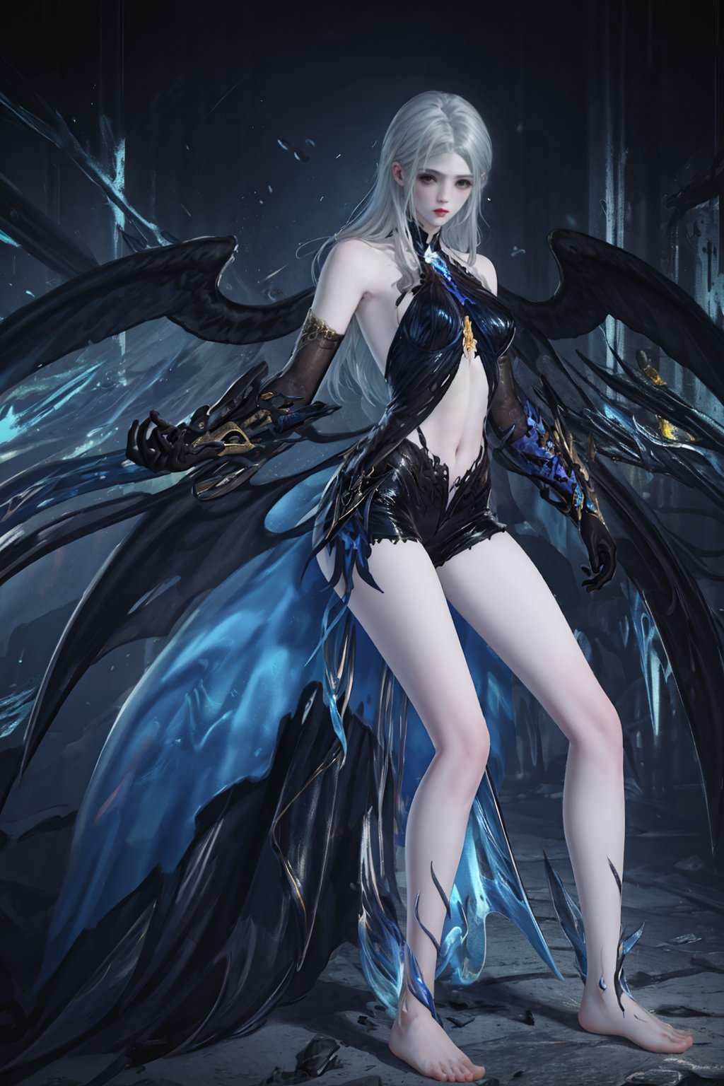 Bare shoulders,solo,Blue and black dress,Black elbow gloves,barefooted,navel,barefoot,black shorts,wings,<lora:future005-夜魅幽莹-000010:0.9>,street,, best quality,masterpiece,highres,official art,extremely detailed cg unity 8k wallpaper,