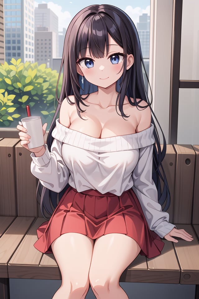 insanely detailed, absurdres, ultra-highres, ultra-detailed, best quality,1girl, solo, nice hands, perfect hands,BREAKwearing sweater, off shoulder sweater, one piece sweater, sweater with long sleeves, bare shoulder, collarbone, red skirtBREAKhappy smile, laugh, closed mouth,sitting, holding coffee cup,from below, cowboy shot, looking at viewerBREAKslender, kawaii, perfect symmetrical face, ultra cute girl, ultra cute face, ultra detailed eyes, ultra detailed hair, ultra cute, ultra beautiful,BREAKindoors, in coffee shopBREAKlarge breasts, black hair, long hair, black eyes