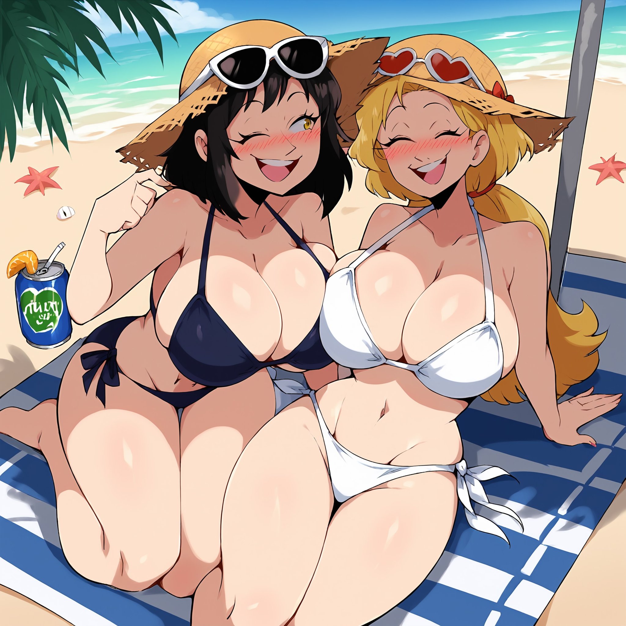 score_9, score_8_up, score_7_up, score_6_up, score_5_up, score_4_up, 2d, digital art, digital artwork, thick lines, jinustyle <lora:Jinusenpai_style:1>, long hair, breasts, blush, smile, short hair, open mouth, multiple girls, blonde hair, black hair, hat, navel, 2girls, cleavage, sitting, swimsuit, closed eyes, yellow eyes, heart, bikini, day, huge breasts, black bikini, white bikini, beach, sunglasses, >_<, eyewear on head, seiza, sun hat, mature female, can, straw hat BREAK source_anime 