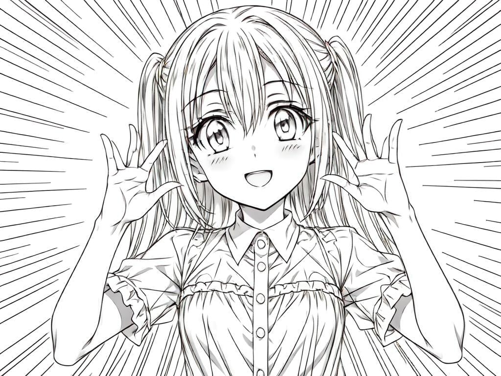 monochrome, 1girl, cheerful,victory pose,   <lora:Lineart_style_v1.0:-0.5>