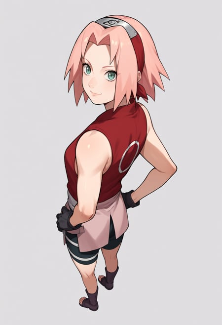 score_9, score_8_up, score_7_up, score_6_up, score_5_up, score_4_up, BREAK, source_anime,1girl, haruno sakura, pink hair, short hair, green eyes, sleeveless, red shirt, forehead protector, bike shorts, shorts, black gloves,hands on hips, smile, standing, full body, looking at viewer, solo, simple background, white background <lora:SakuraShippudenXL:1>