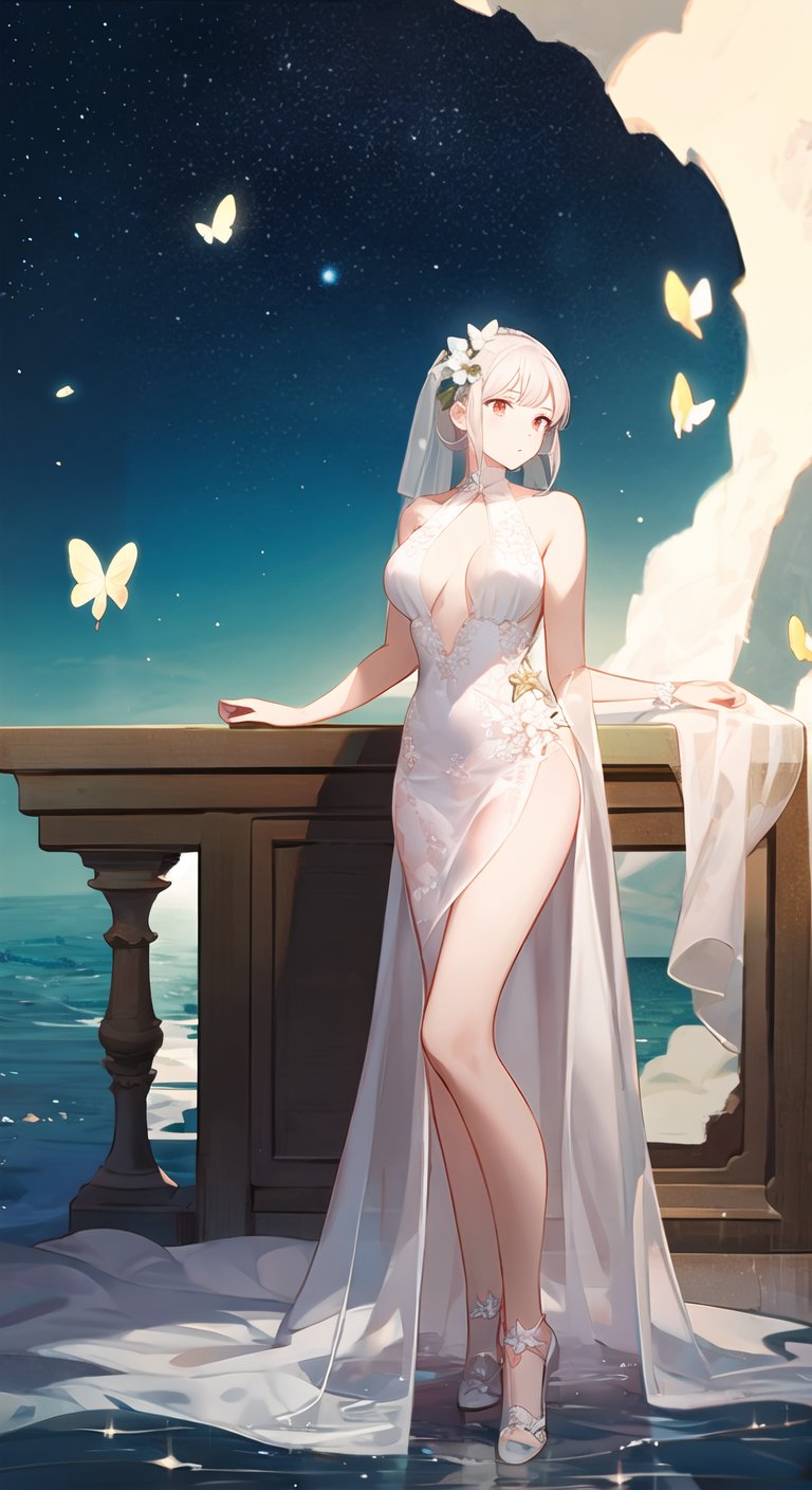 masterpiece,best quality,1girl,full body,floating hair,white hair,flower surrounded,((Beautiful butterflies in detail)),((Beautiful stars in detail)),(((halter dress ))),particle,(Starry sky in beautiful detail),(Hazy fog),(Ruins of beautiful details),(((Standing on the surface of the sea))),wedding_dress,