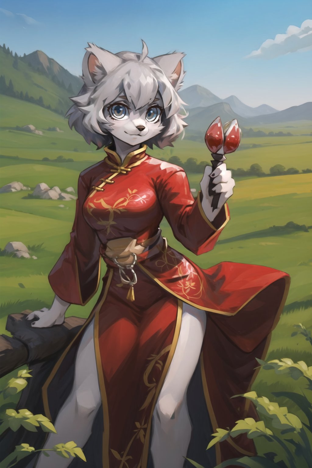 masterpiece, best quality,manul,tusun,looking at viewer, furry girl,grey hair,chinese dress, outdoors,grass,prairie <lora:Manul:0.6>