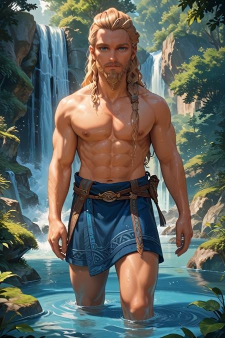 score_9, score_8_up, score_7_up, score_6_up<lora:ACMEivor:1.0>ACMEivor, 1boy, blonde hair, long hair, blue eyes, beard, looking at viewer, standing in front of a waterfall, shirtless, water mist in the air, strong and athletic build, powerful natural surroundings, sunlight breaking through the trees