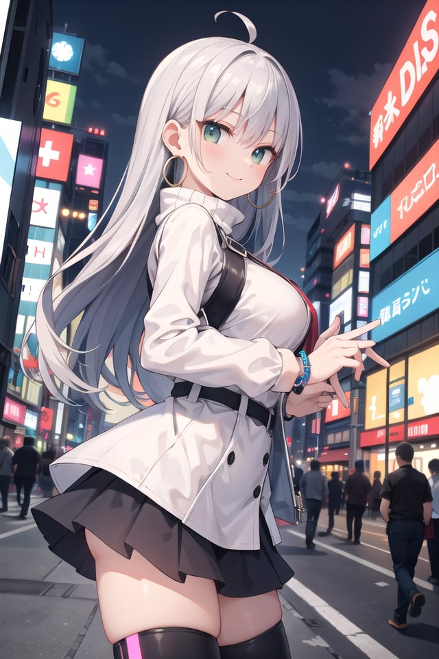 insanely detailed, absurdres, ultra-highres, ultra-detailed, best quality,1girl, solo, nice hands, perfect handsBREAK(Cyberpunk theme:1.2), ((wear an oversized white turtleneck with holographic circuit pattern) paired with (black A-line layered skirt):1.2), (black thigh-high boots:1.2)BREAK(silver accessories:1.2), (silver hoop earrings:1.2), (silver ankle bracelet:1.2)BREAKhappy smile, laugh, closed mouthBREAKfrom side,standing, cowboy shot, looking at viewerBREAKslender, kawaii, perfect symmetrical face, ultra cute girl, ultra cute face, ultra detailed eyes, ultra detailed hair, ultra cute, ultra beautifulBREAKshibuya, akihabara, tokyo, street, crowd, cityscape, depth of field, ultra detailed backgroundBREAKlarge breastsBREAKpink hair, dark green eyes, afro,