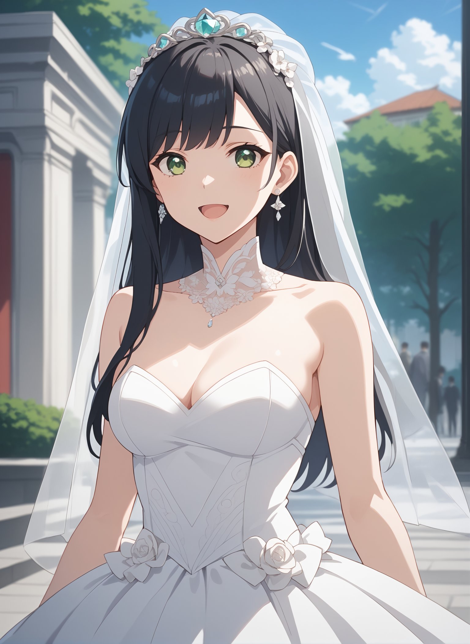 score_9, score_8_up, score_7_up, intricate details, source_anime, intricate details, highly detailed background, perfect lightingbest quality, takebayashiGTnH, solo, outdoors, nature, building, bridal veil, black hair, swept bangs, straight hair, long hair, green eyes, medium breasts, wedding dress, white dress, white gloves, frilled skirt, smile, open mouth, :d, <lora:Takebayashi_Go-Tobun-no-Hanayome:0.7>, score_9, score_8_up, score_7_up, intricate details, source_anime, intricate details, highly detailed background, perfect lightingbest quality,