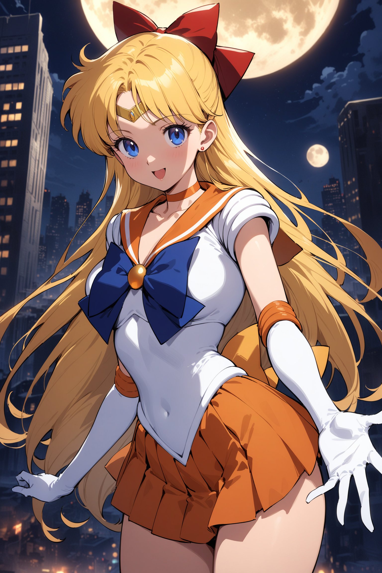 masterpiece, best quality, very aesthetic, absurdres, aavenus, long hair, blonde hair, hair bow, tiara, blue eyes, earrings, orange choker, collarbone, orange sailor collar, blue bowtie, white shirt, white leotard, elbow gloves, white gloves, pleated skirt, orange skirt,  <lora:sailor_venus_XL_v1(anima):0.9>, standing, cowboy shot, outdoors, night, moon, city, building, reaching out, smile, open mouth, 