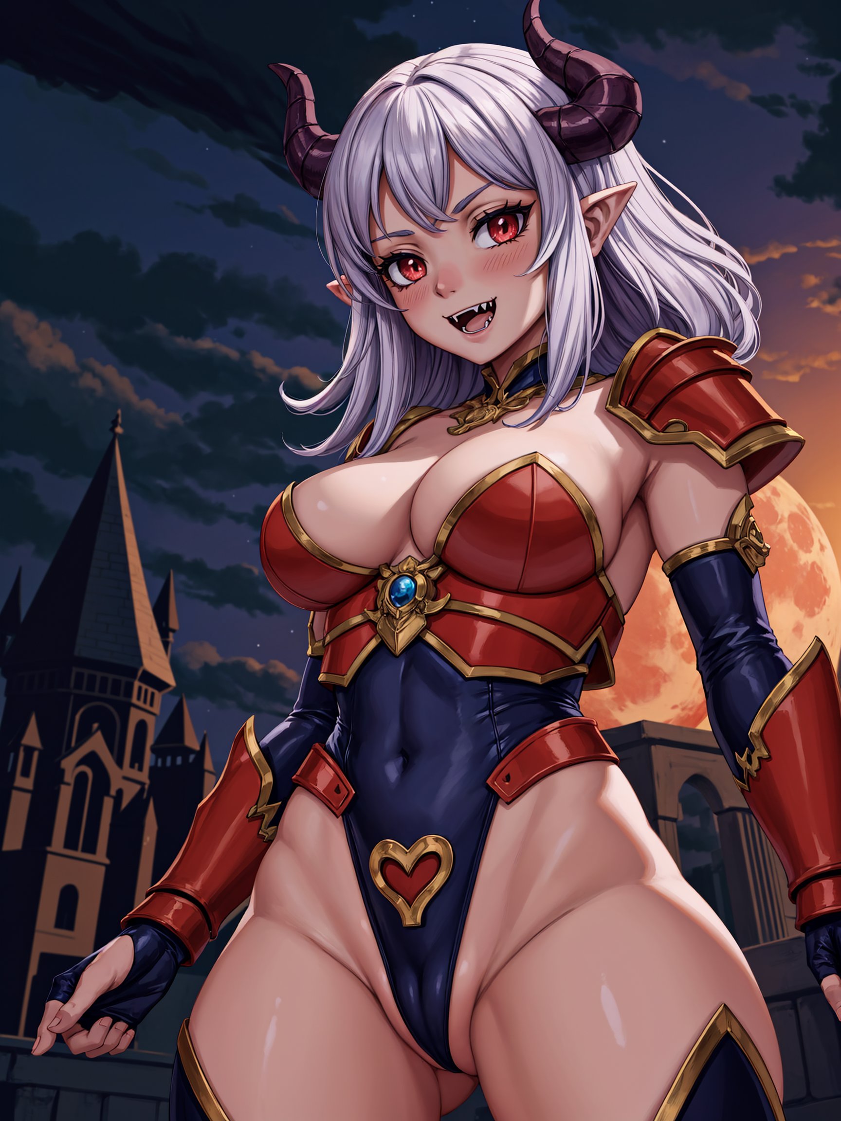 masterpiece, best quality, highres, extremely detailed, (cg illustration),((1girl as armored demon girl knight with demon horns and slit pupils and fangs)) withdetailed face and glossy detailed red eyes and pointy ears,(night, red moon), outdoors, medieval, gothic castle, cloudy, (painterly, depth of field), fine details, authentic, ((nsfw)), cowboy shot, medium shot,(solo, female focus, solo focus), face focus,(she wears ornate steel highleg armor and thong leotard) and elbow gloves and fingerless gloves and armored thighboots,(looking at viewer), blushing, confident, light grin, bursting breasts, cleavage, partially visible vulva, cameltoe, upright,(sharp, cel shading), outline, dynamic lighting, toon \(style\), fantasy, baroque, traditional media, <lora:add_detail:0.3>,
