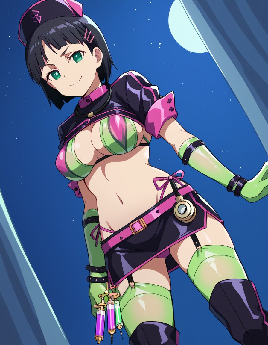 score_9, score_8_up, score_7_up, source_anime, suguhakirigaya, <lora:suguha-kirigaya-s1-ponyxl-lora-nochekaiser:1>, suguha kirigaya, short hair, black hair, hair ornament, hairclip, green eyes, large breasts,, <lora:florence-nightingale-halloween-costume-ponyxl-lora-nochekaiser:1>, florence nightingale \(trick or treatment\) \(fate\) \(cosplay\), layered bikini, green gloves, green thighhighs, rubber gloves, purple belt, green bikini, syringe, thighhighs under boots, purple bikini, pink belt, nurse cap, stethoscope, microskirt, holding syringe,, hospital, smile, smug, moon, night,, cowboy shot, dutch angle, solo,