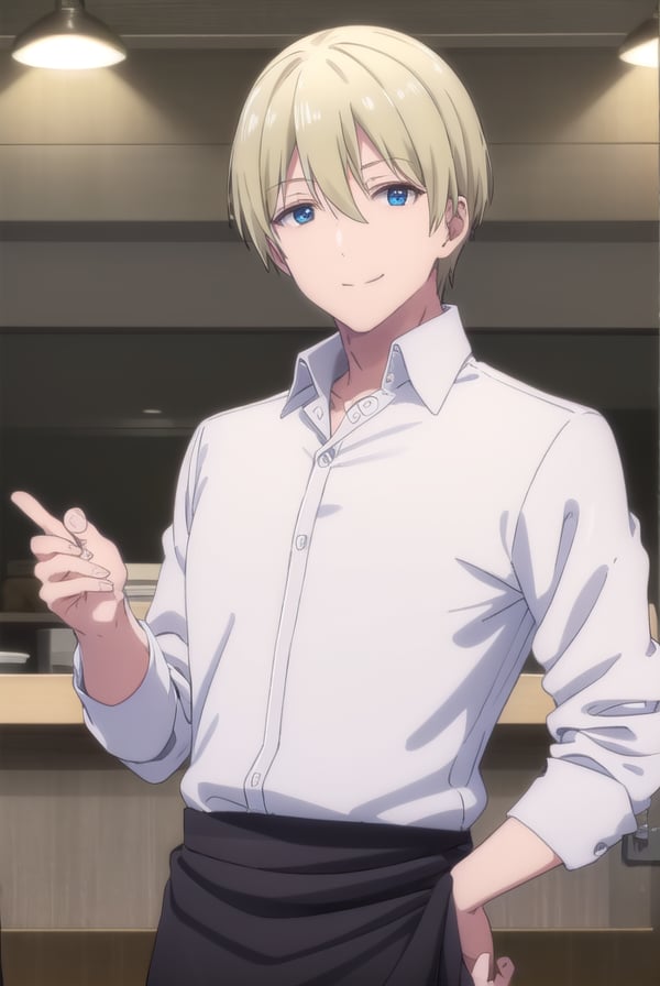 blendsdino, <lora:blends dino s1-lora-nochekaiser:1>,dino, short hair, blonde hair, hair between eyes, blue eyes, male focus, smile,BREAK shirt, white shirt, collared shirt, pants, apron, brown footwear, black pants, waist apron, black apron,BREAK indoors, restaurant,BREAK looking at viewer, (cowboy shot:1.5),BREAK <lyco:GoodHands-beta2:1>, (masterpiece:1.2), best quality, high resolution, unity 8k wallpaper, (illustration:0.8), (beautiful detailed eyes:1.6), extremely detailed face, perfect lighting, extremely detailed CG, (perfect hands, perfect anatomy),