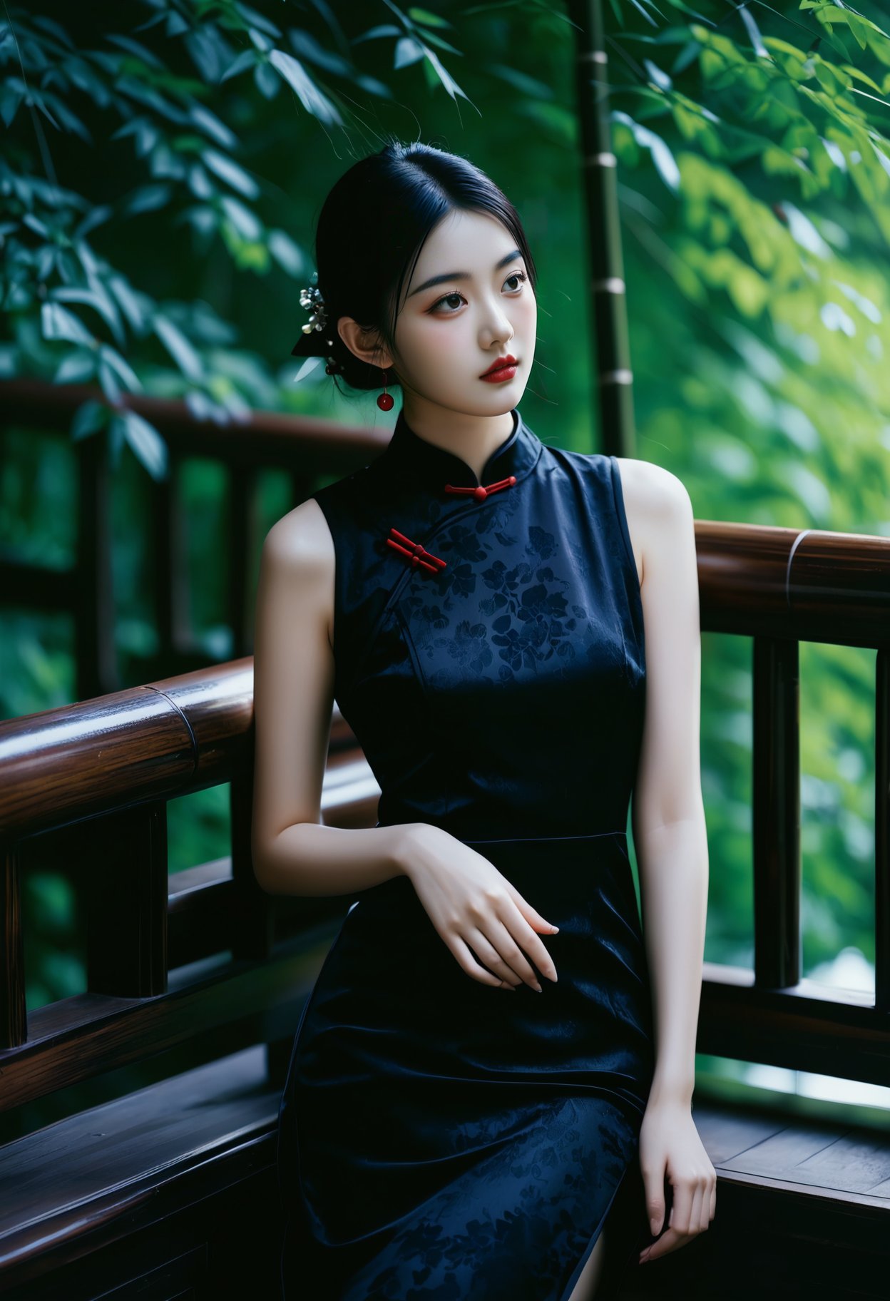 photograph Photograph, elegant young woman in a black qipao, leaning against a bamboo railing, serene forest background, soft natural light, contemplative mood, traditional Chinese attire, sleeveless dress with intricate patterns, hair tied back, relaxed pose, three-quarter angle shot., 50mm . cinematic 4k epic detailed 4k epic detailed photograph shot on kodak detailed cinematic hbo dark moody, 35mm photo, grainy, vignette, vintage, Kodachrome, Lomography, stained, highly detailed, found footage